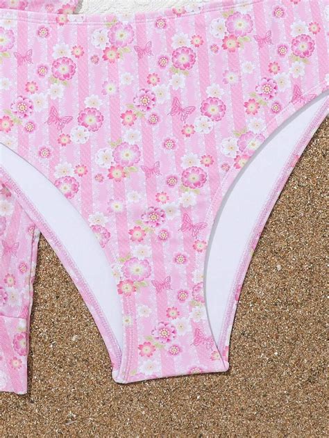 Teen Girl Floral Print Ruffle Trimmed Bikini Set With Accent Band Shein Eur