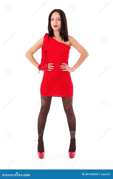 Brunette Woman Posing In Red Dress Stock Photo Image Of Sensuality Cheerful
