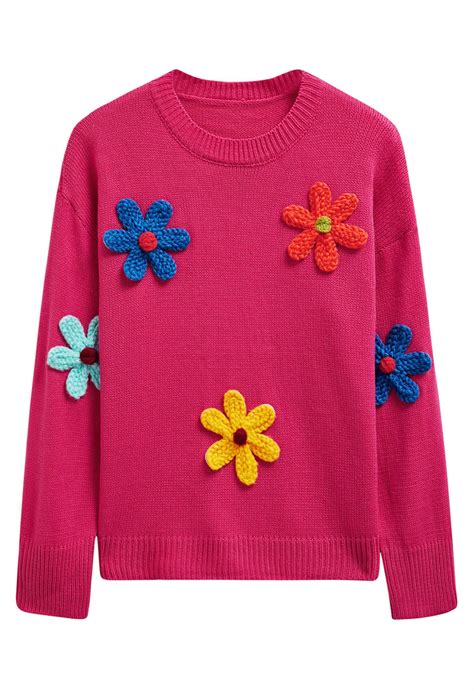 Colorful 3D Stitch Flower Knit Sweater in Hot Pink - Retro, Indie and