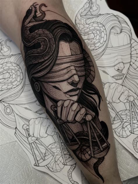 Blackwork lady justice tattoo done by Max LaCroix at Akara Arts in ...