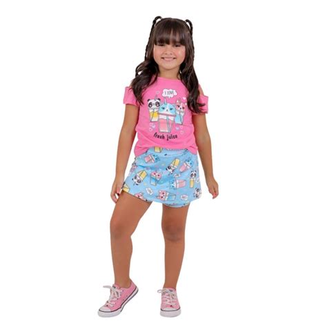 Shorts Saia Infantil Menina - Conjunto Blusa e Short Saia Menina Infantil Criança - Preto | Netshoes
