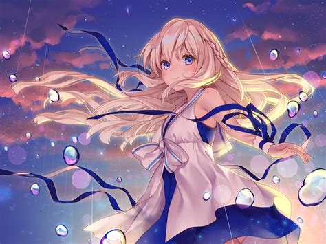 Blonde Hair Blue Eyes Clouds Dress Long Hair Ne On Night Original Ribbons Sky Stars Thighhighs