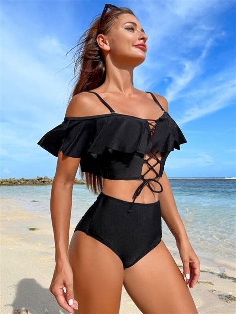 SHEIN Swim Chicsea Lace Up Front Ruffle Trim Bikini Swimsuit SHEIN USA