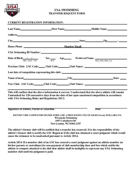 Fillable Online Usa Swimming Transfer Request Form Current