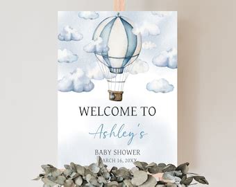 Editable Adventure Awaits Baby Shower Welcome Sign Blue Hot Air Balloon Baby Shower Poster Boy
