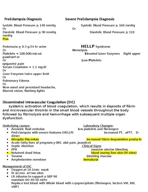 Pre Eclamsia And Dic Notes From Live Lecture Systolic Blood