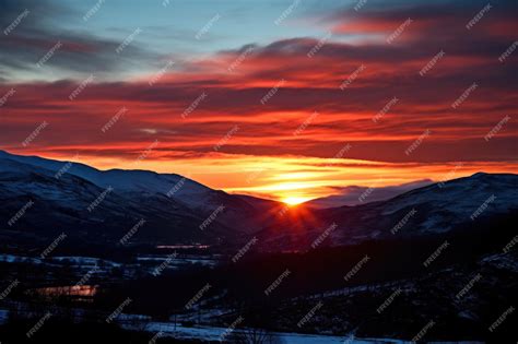 Premium Ai Image Blazing Winter Solstice Sunset Behind Silhouetted Hills