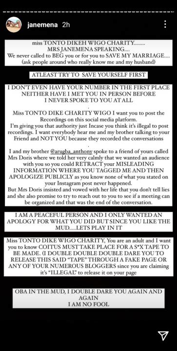 I Double Dare You To Release The Sex Tapes Janemena Claps Back At Tonto Dikeh