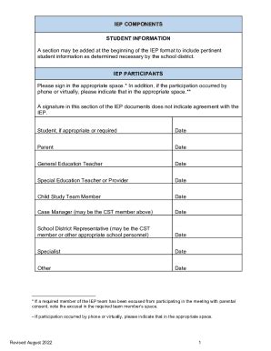 Fillable Online Individualized Education Program IEP Part 1 Opening