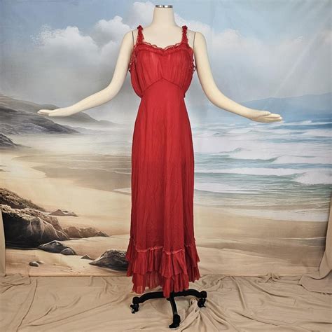 Vintage Crimson Red Slip Dress Lingerie Sheer Pleated Ruffle Lace Nightgown Etsy