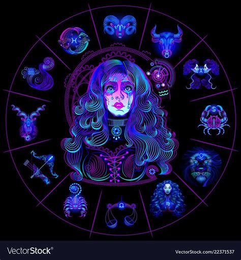 Neon Horoscope Circle With Signs Of Zodiac Set Vector Image On