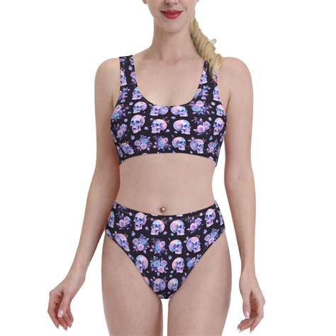 Logiee Flower Skull Rose Print Women S Piece Bikini Set Halter Bathing Suit High Waisted