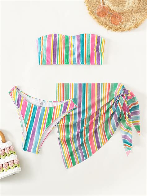 Striped Bandeau Bikini Swimsuit With Beach Skirt SHEIN UK