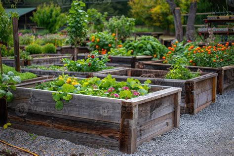 AI generated Community kitchen garden. Raised garden beds with plants