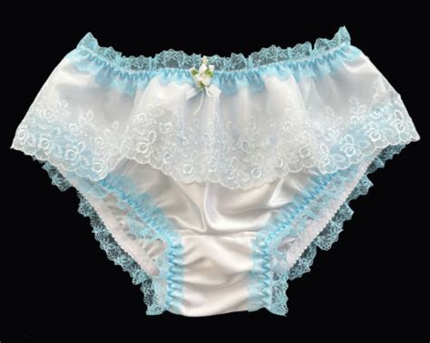 White Satin Rose Lace Frilly Sissy Knickers Bikini Briefs Panties Size