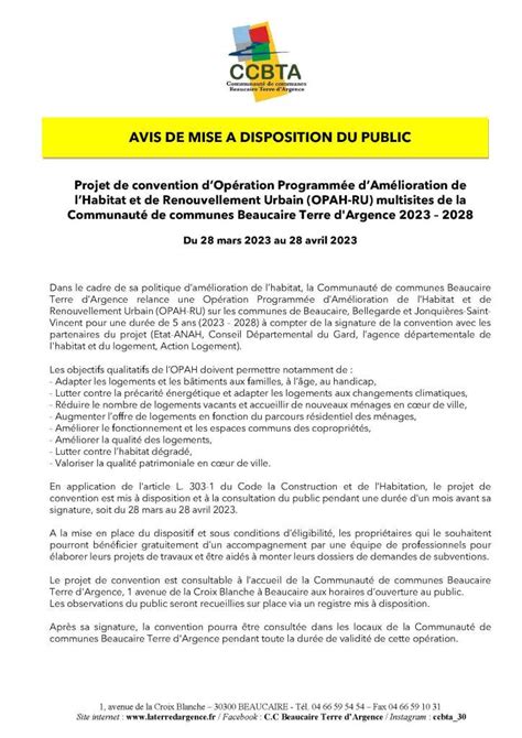 AVIS DE MISE A DISPOSITION DU PUBLIC Projet De Convention De L