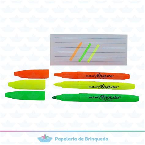 Marcador Marca Texto Cores Fluorescente 3 Unidades Molin Papelaria De