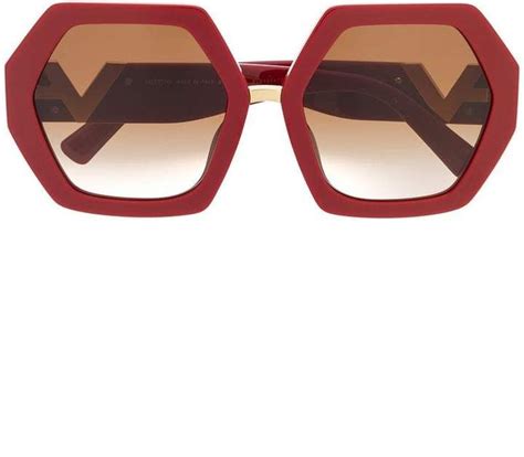 Valentino Eyewear Red Hexagonal Oversized V Logo Sunglasses Farfetch Eyewear Oversized