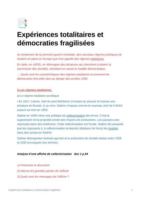 Exp Riences Totalitaires Et D Mocraties Fragilis Es Histoire E