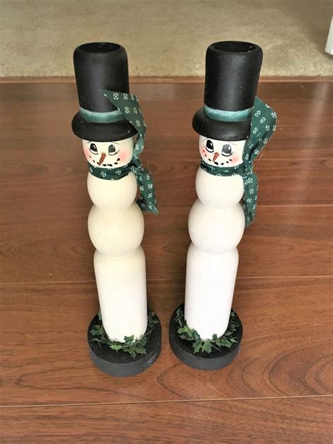 Vintaged Pair Turned Wood Hand Painted Snowmen Candle Holders Etsy