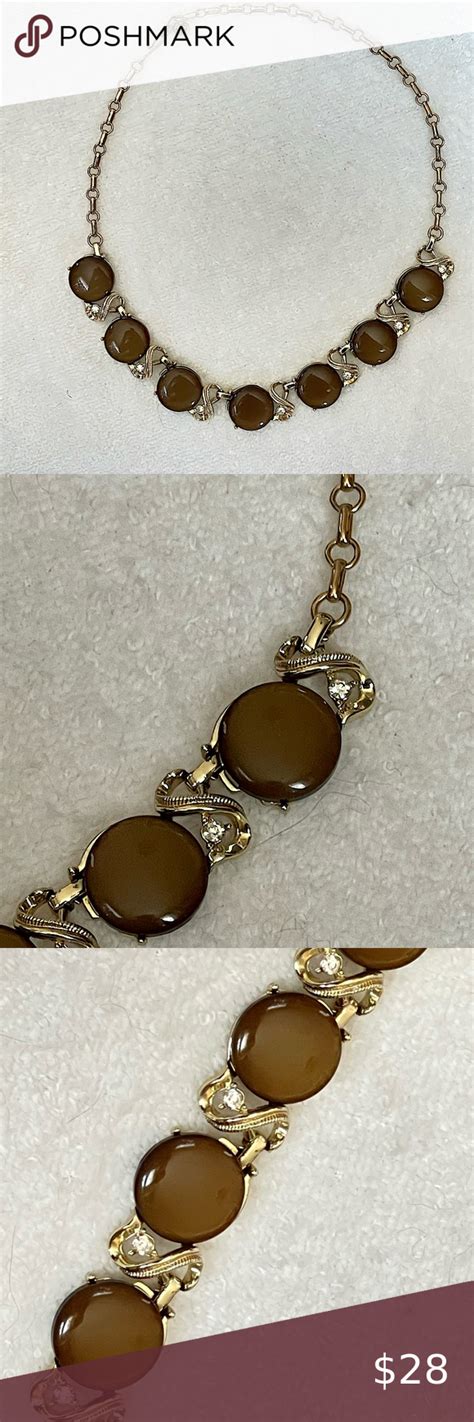 Vintage Coro Necklace With Brown Lucite And Rhinestones Set In Gold