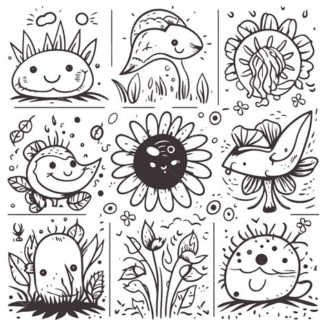 Set Of Black And White Doodle Drawings With Plants And Flowers Outline