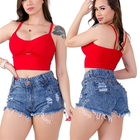 Short Jeans Feminino Cintura Alta Destroyed Hot Pants Shopee Brasil