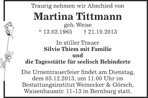 Traueranzeigen Von Martina Tittmann Abschied Nehmen De