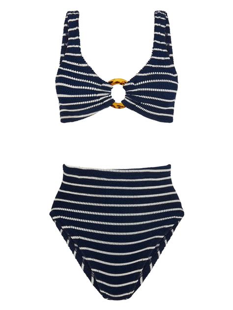 Hunza G Womens Nadine Hoop Trim Striped Seersucker Bikini Set Navy Whit In Navy White Modesens