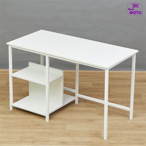 Белый стол на металлокаркасе с полками Исседон 2 со скрытой подставкой ...