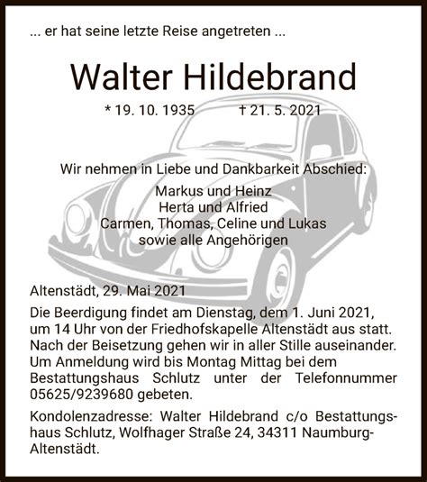 Traueranzeigen Von Walter Hildebrand Trauer Hna De