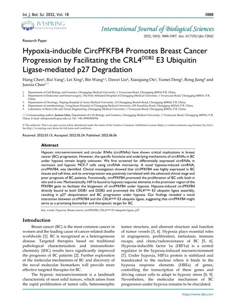 PDF Hypoxia Inducible CircPFKFB4 Promotes Breast Cancer Progression