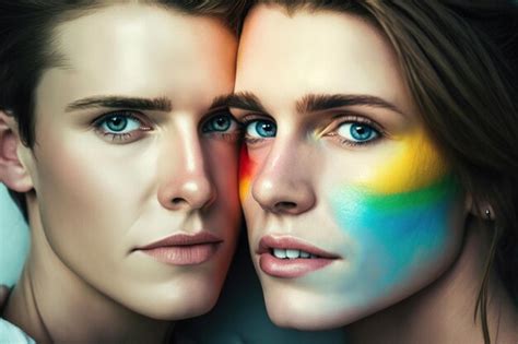Pareja de dos chicas caucásicas con ojos azules y maquillaje en colores del orgullo gay mirando