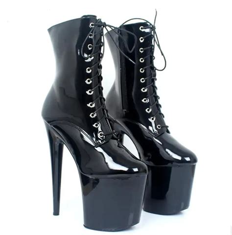 20cm Platform Boots Lace Up Extreme High Heels Dancing Ankle Boots Black Plus Size Nightclub