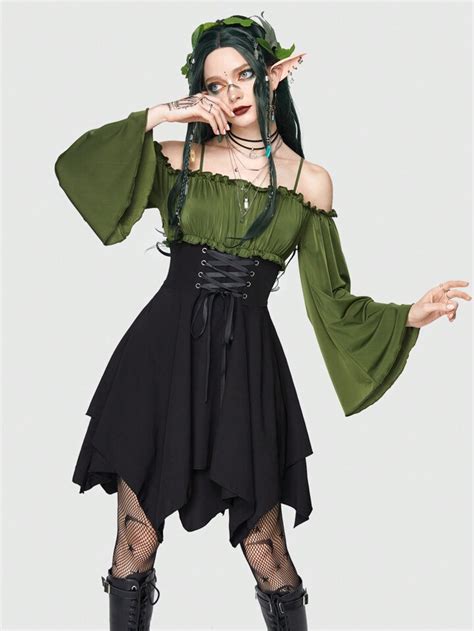 Fairycore Colorblock Lace Up Cold Shoulder Hanky Hem Dress Shein Uk