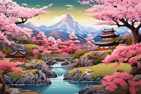 Premium Ai Image Illustration Of Cherry Blossom And Mountain