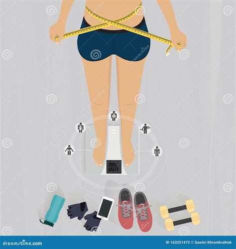 Girl Measuring Her Waist With Feet On Weighing Scales Stock Vector