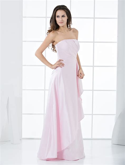 Pink Strapless Satin Floor Length Bridesmaid Dress