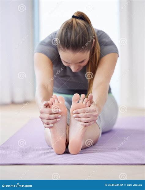Woman, Stretching Feet and Yoga for Health, Wellness and Warm Up at