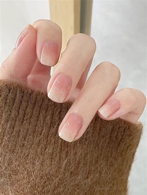 24pcs Short Square Ombre Fake Nail 1pc Nail File 1sheet Tape Nude Nails False Nails Nail Art