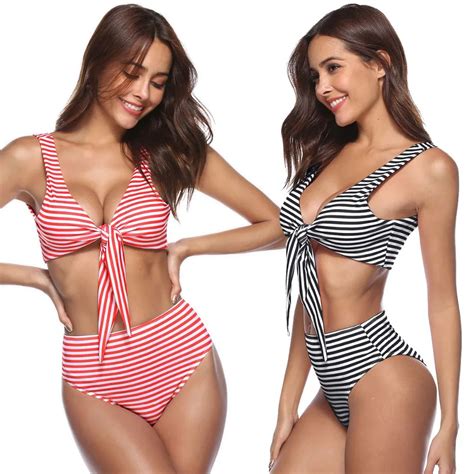 mujeres Bikini Set alta cintura rayas nudo frontal Push Up Bikini traje de baño brasileño
