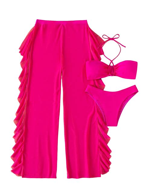 Eubuy Women S Swimsuit Three Piece Triangle Halter Thong Bikini Set Mesh Beach No Ring Bra Top