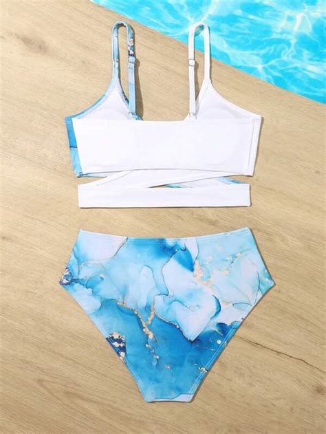 Chica preadolescente Bañador bikini cruzado con estampado de mármol Moda de Mujer SHEIN México