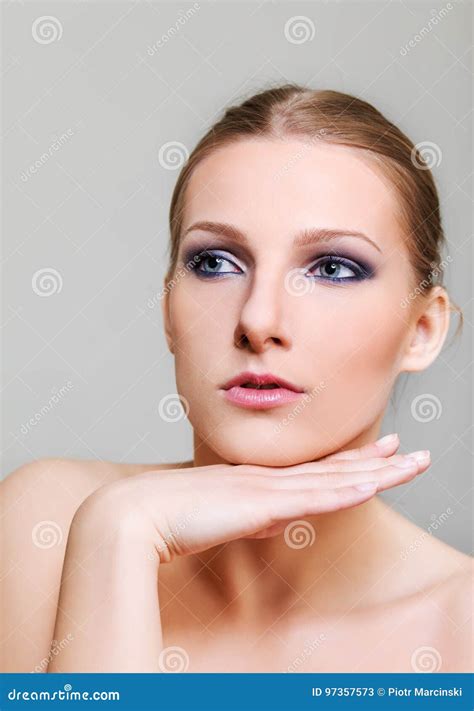 Attractive Blonde Topless Woman With Dark Eye Make Up Stock Image Image Of Female Natural