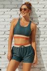 Teal Colorblock Square Neck Wide Straps Sporty Bikini Top And High Waist Boy Shorts