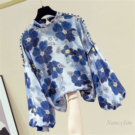 2022 Outono Nova Moda High End Floral Impressão Camisa Feminina Manga Longa Lanterna Chiffon