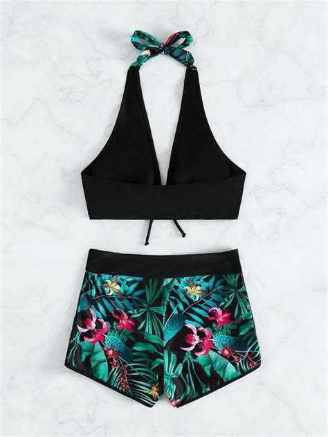 Ensemble De Bikini Imprim Tropical Ras Du Cou Soutien Gorge Boxer Maillot De Bain Deux