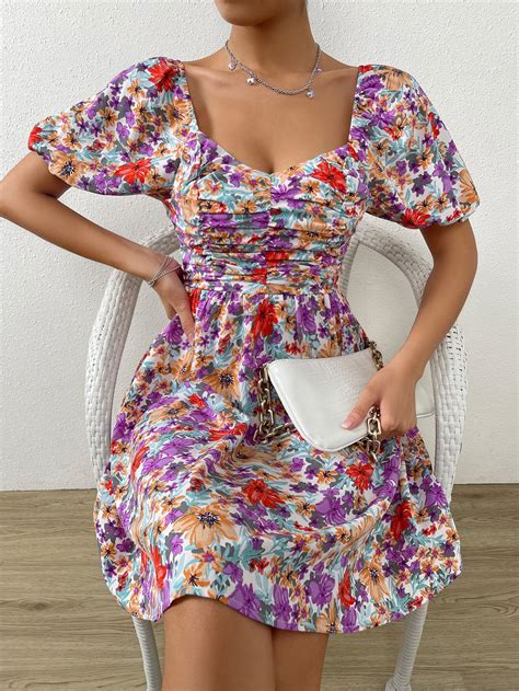 Allover Floral Print Tied Backless Dress Shein Usa