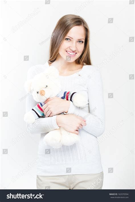Charming Brunette Embraces Teddy Bear Isolated Stock Photo 163370594 Shutterstock