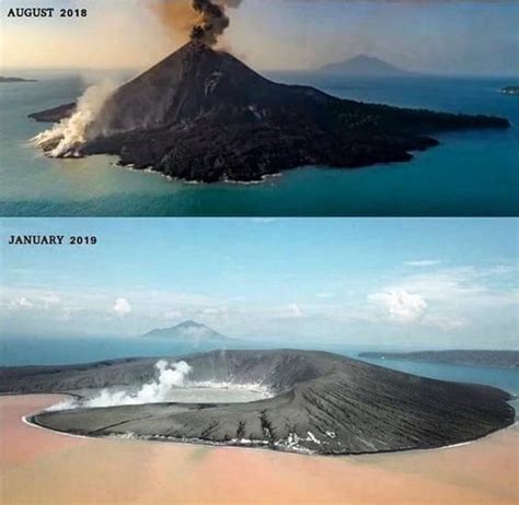 Anak Krakatau before and after the tsunami-producing volcanic eruption ...